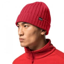 Jack Wolfskin Rippstrickmütze (Beanie) Stormlock RIP Knit (winddicht, Fleecefutter) Rot Herren